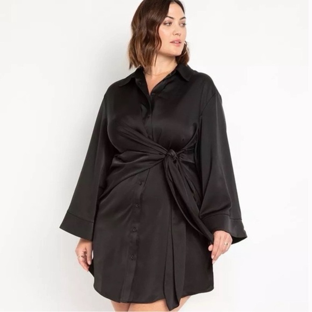 NWT ELOQUII Black Satin Collared Mini Wrap Shirt Dress Size 18